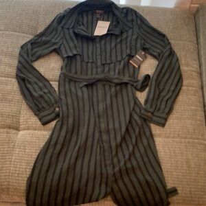 Forever 21 Dark Green Striped Long Sleeve Dress